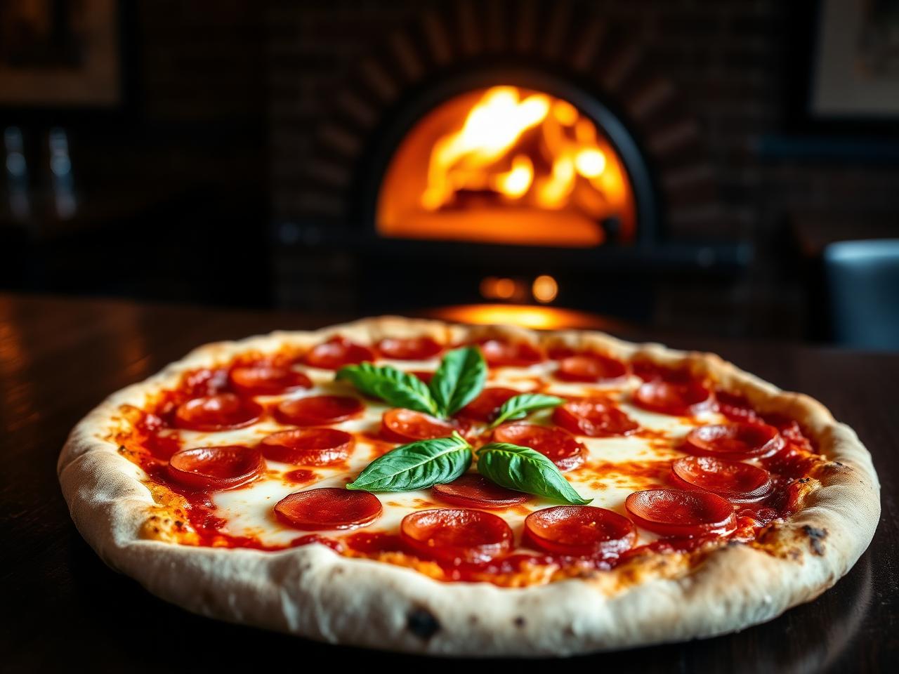 Pizza pepperoni artesanal saindo do forno a lenha